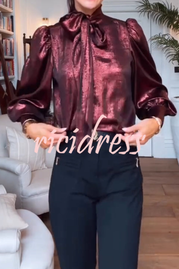 Ariella Metallic Satin Fabric Tie-up Bow Neck Long Sleeve Blouse