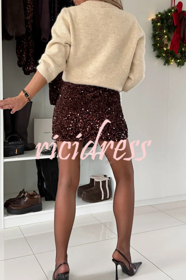 Polished Uptown Velvet Sequin High Rise Elastic Waist Mini Skirt