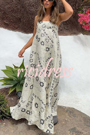 Linen Blend Floral Print Strappy Full-hem Backless Maxi Dress