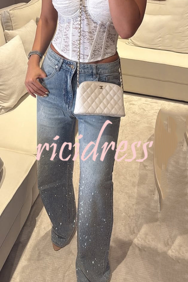 Fashion Star Rhinestone High Rise Casual Pocket Straight Loose Jeans