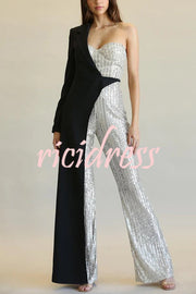 Fashionable Sequined Patchwork One-sided Long-sleeved Asymmetrical Jumpsuit