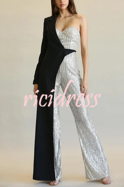 Fashionable Sequined Patchwork One-sided Long-sleeved Asymmetrical Jumpsuit
