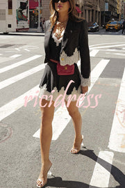 Emily in Paris Striped Lace Trim Lapel Crop Loose Blazer