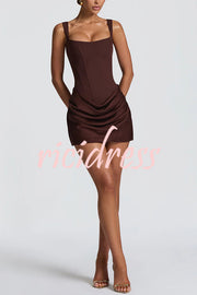 Cornelia Square Neck Back Lace-up Satin Drape Hem Mini Dress