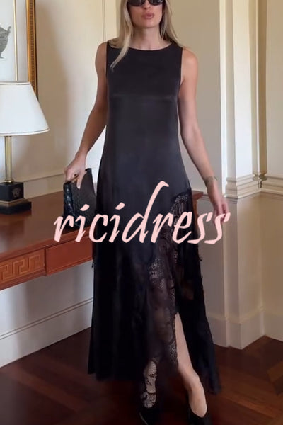 Pretty Soul Satin Lace Trim Wide Neck Irregular Hem Slit Maxi Dress