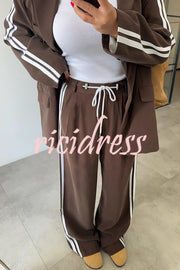 Levvie Striped Trim Long Sleeve Lapel Blazer and Rope Belt Pocketed Wide Leg Pants Set