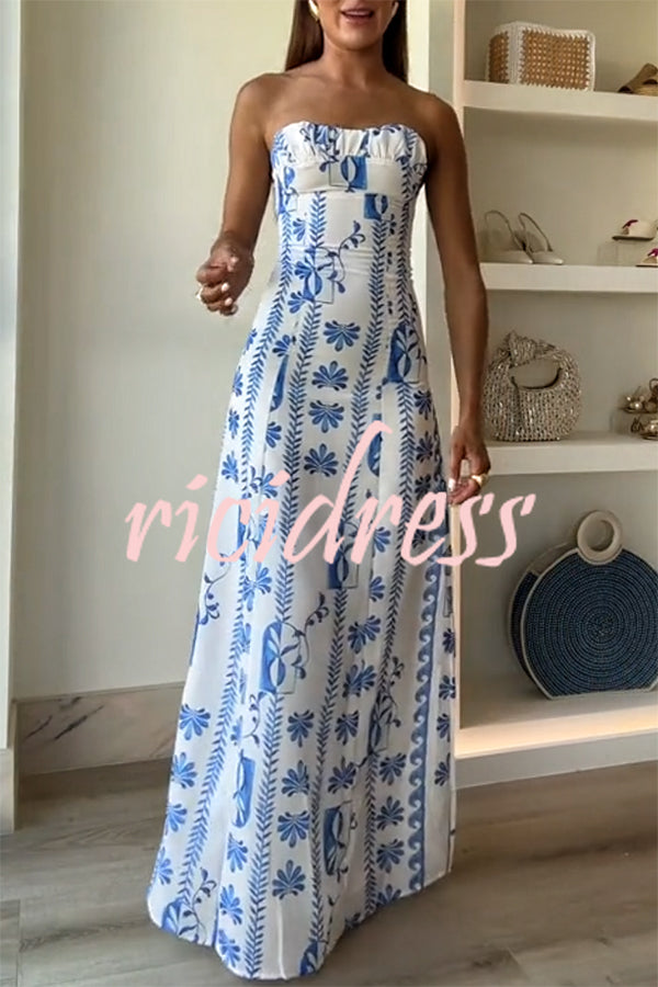 Freya Linen Blend Floral Wave Print Ruched Bust Strapless Maxi Dress