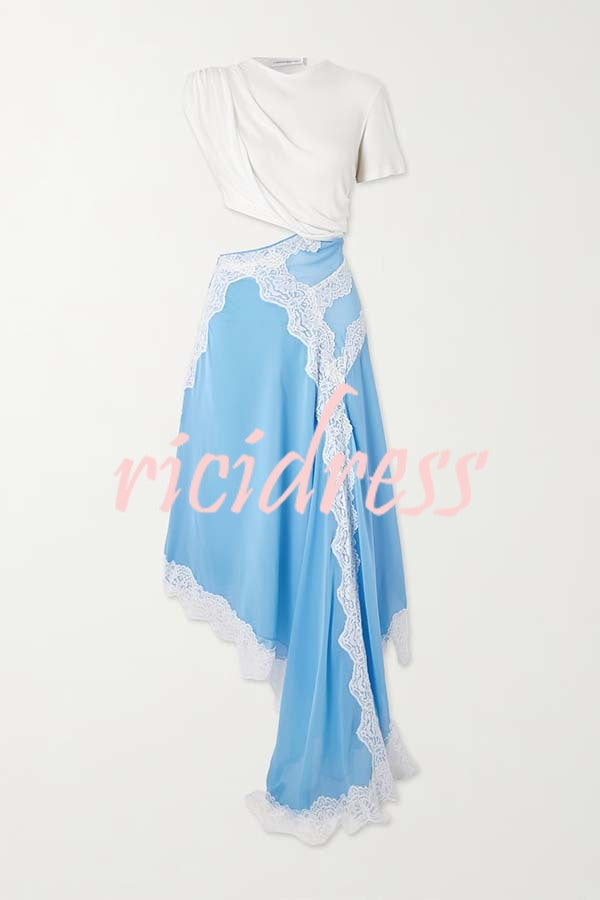 Verve Ribbed Jersey Cutout Waist Asymmetric Satin Lace Hem Maxi Dress