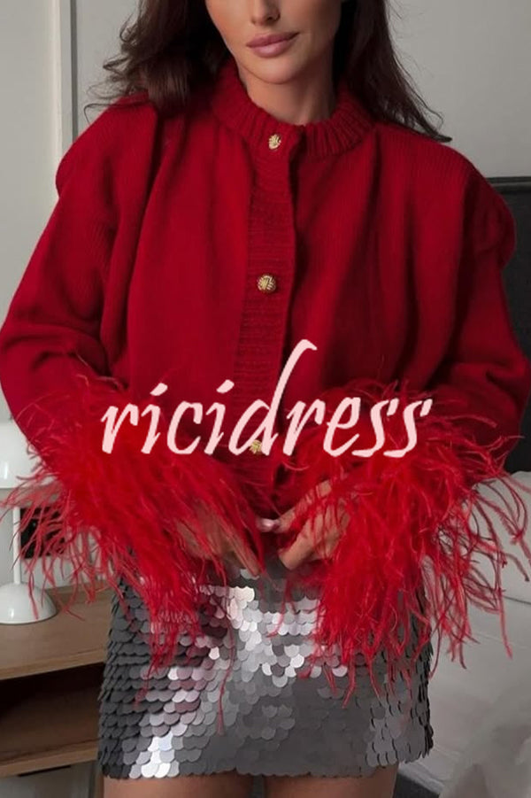 Solid Color Elegant Feather Long Sleeve Casual Knitted Cardigan