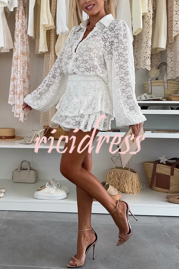 Nicola Lace Long Balloon Sleeve Blouse and Elastic Waist Layered Skort Set