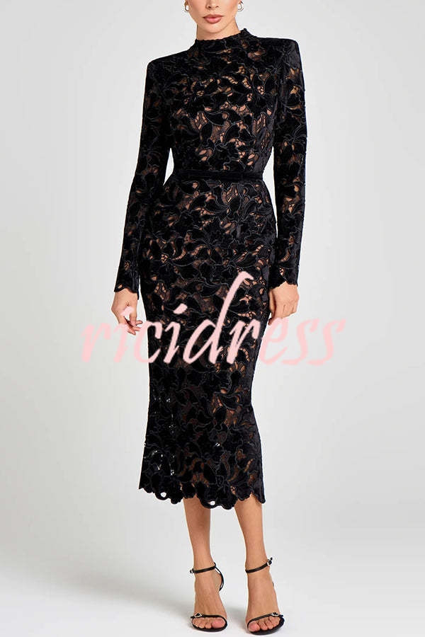 Diane Velvet Embroidered Floral Lace Long Sleeve Belt Scallop Edge Midi Dress