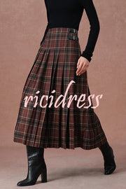 Yehudit Plaid Belt Buckle Design High Rise Pocket Midi Umbrella Skirt