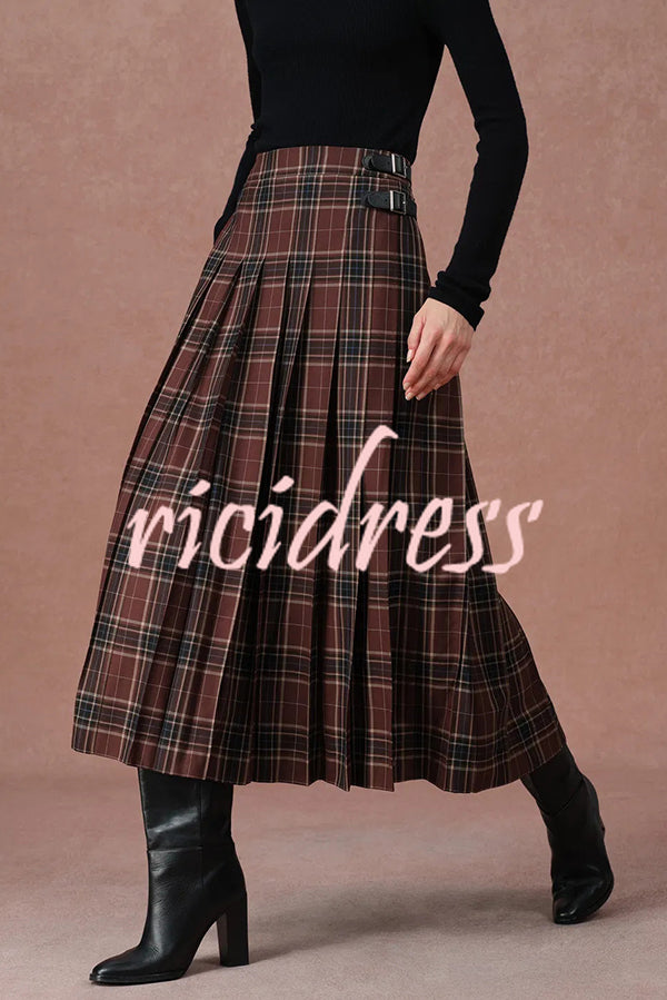 Yehudit Plaid Belt Buckle Design High Rise Pocket Midi Umbrella Skirt