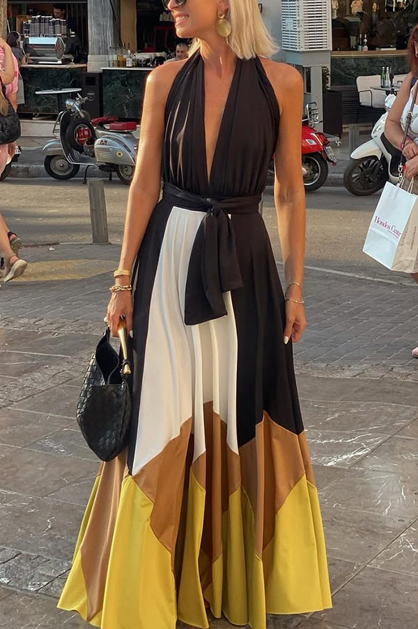 Fashion Colorblock Sexy Backless Tie Waist Full Hem Maxi Dress