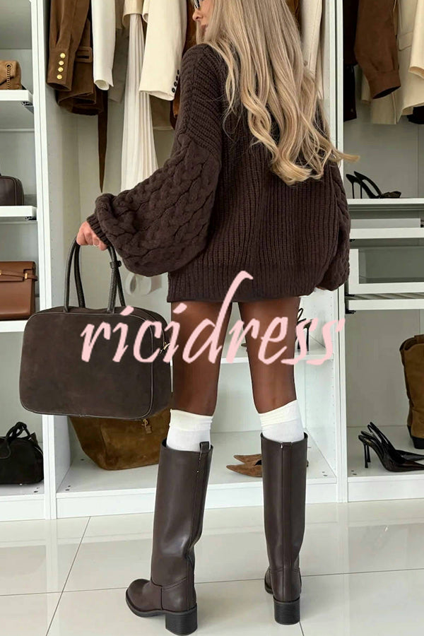 Stylish and Comfortable Ribbed Knit Turtleneck Cable Sleeve Loose Sweater