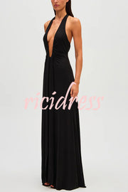 Sexy Silhouette Deep U-neck Halter Waterfall Sash Drape Maxi Dress