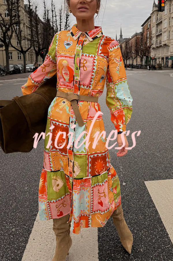 Linen Blend Unique Printed Long Sleeve Lapel Tie-waist Midi Dress