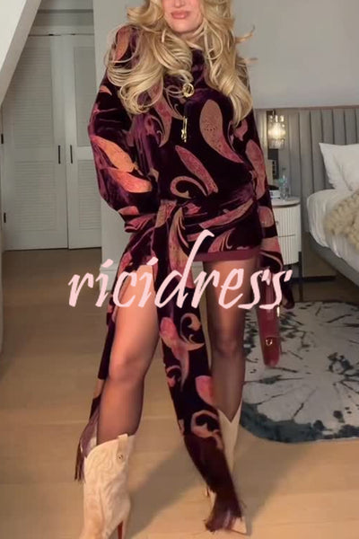 Night Out Velvet Paisley Print Long Sleeve Tie-up Tassel Loose Mini Dress