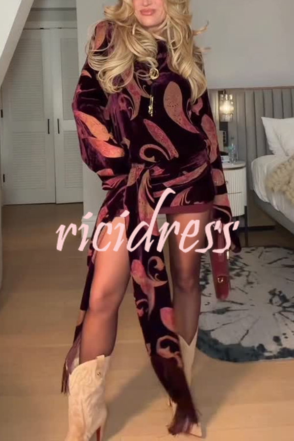Night Out Velvet Paisley Print Long Sleeve Tie-up Tassel Loose Mini Dress