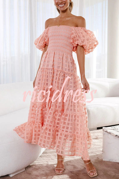 Solid Color Off-shoulder Lantern Sleeve Patchwork Midi Dress