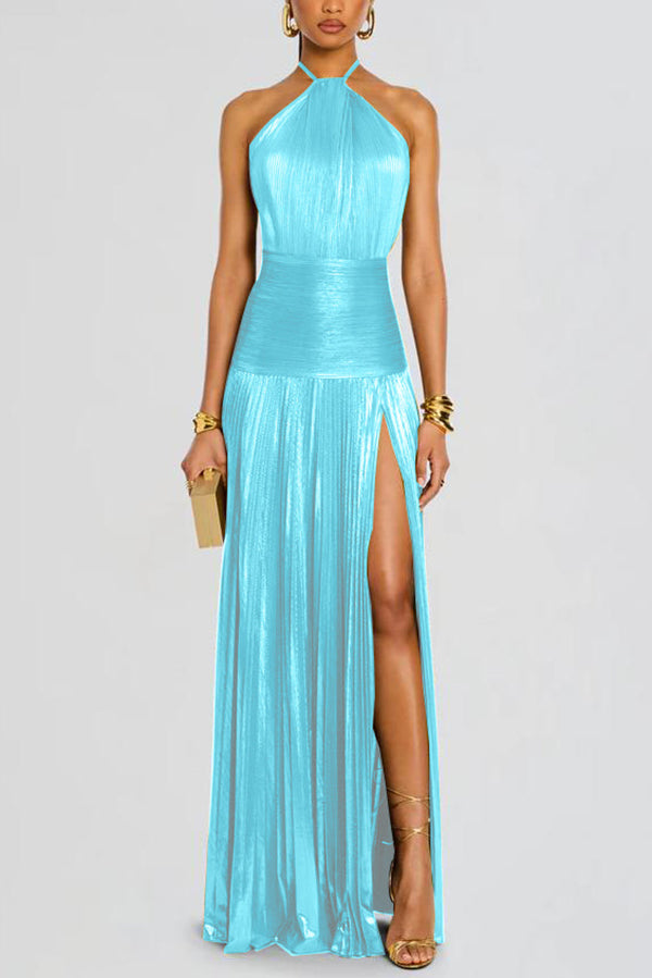 Glamorous Metallic Pleated Fabric Open Back Halter Slit Maxi Dress