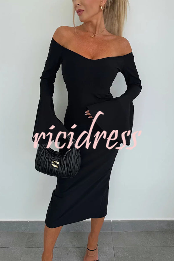 Solid Color Sexy Off-shoulder Trumpet Sleeve Slim Midi Dress