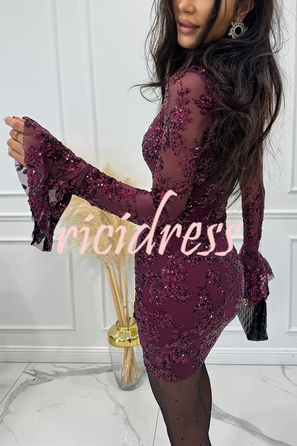 Deep and Dazzling Floral Texture Sequin Long Bell Sleeve Open Back Mini Dress