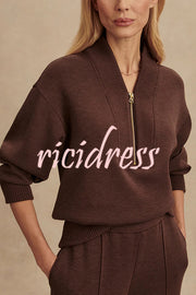Meet The Autumn Ribbed Zipper Neck Sweatshirt and Elastic Waist Pocketed Loose Pants Set