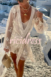 Beach Elegance Floral Lace Long Sleeve Wrap Tie-up Vacation Mini Dress