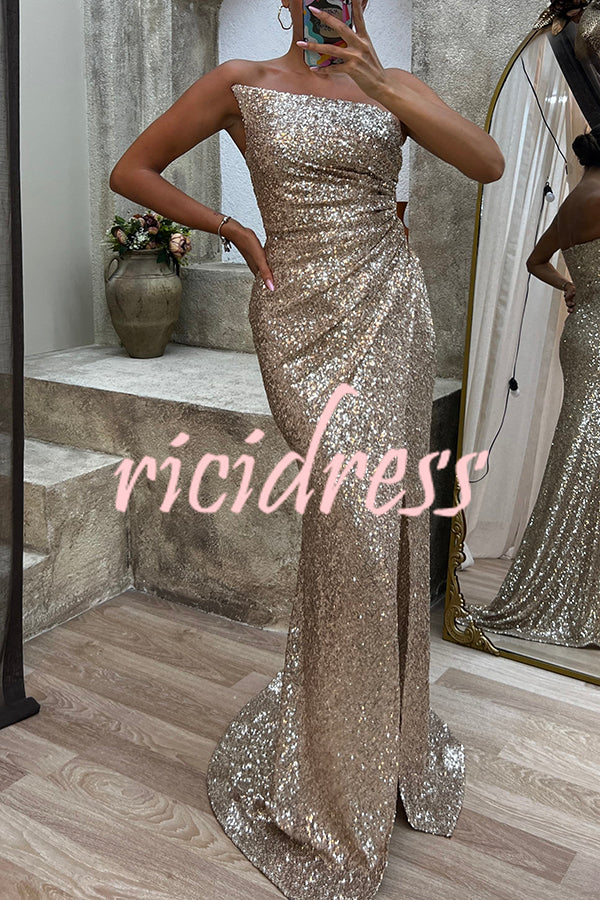 Let The Banquet Begin Sequin Off Shoulder Side Ruched Slit Maxi Dress