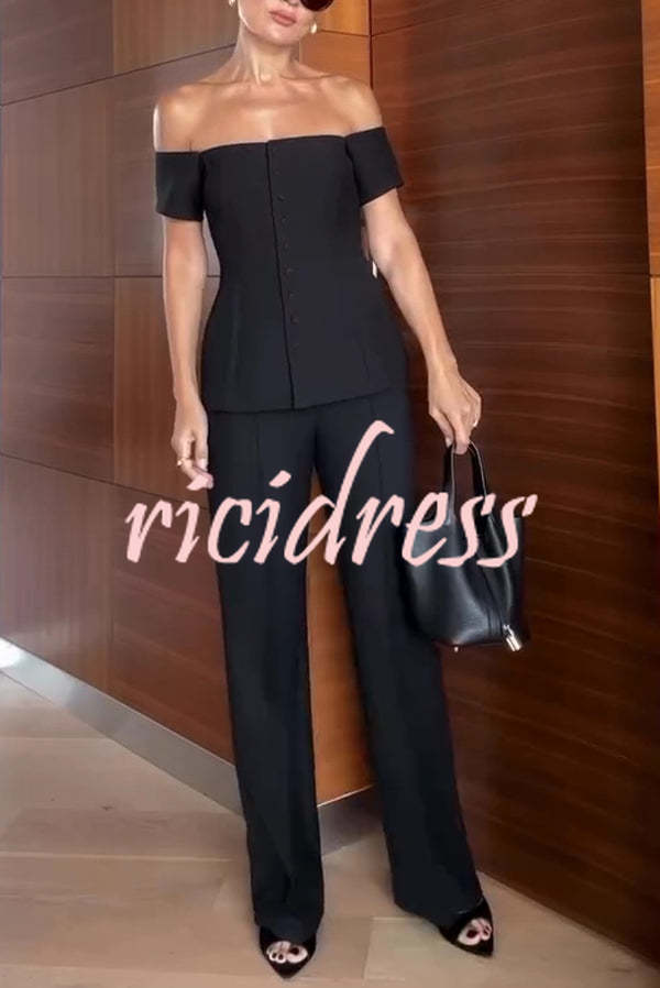 Solid Color Off-the-shoulder Single-breasted Top and Casual Pocket Straight-leg Pants Set