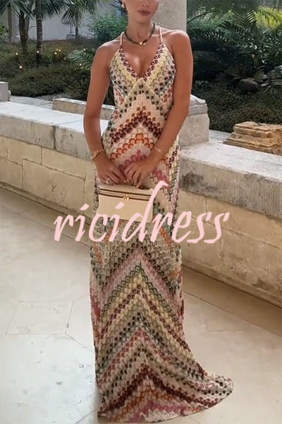 Missoni Summer Knit Colorful Herringbone Print Open Beck Maxi Dress