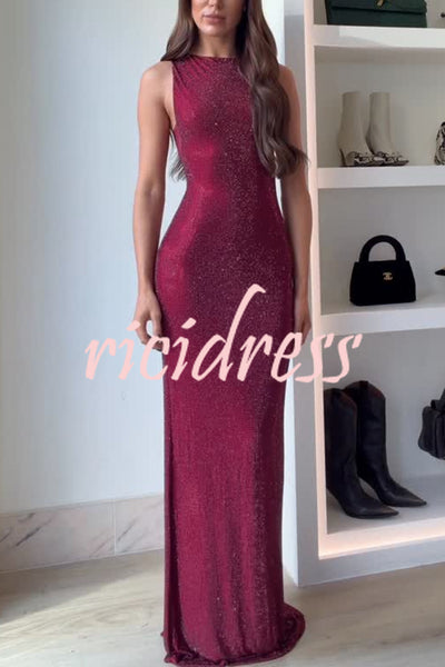 Holiday Nights Sequin Boat Neck Sleeveless Slit Maxi Dress