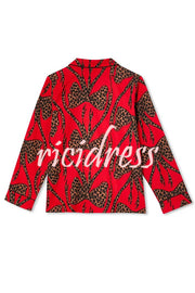 Stylish Colorblock Leopard Print Loose Shirt and Elastic Waist Pocketed Pajama Set