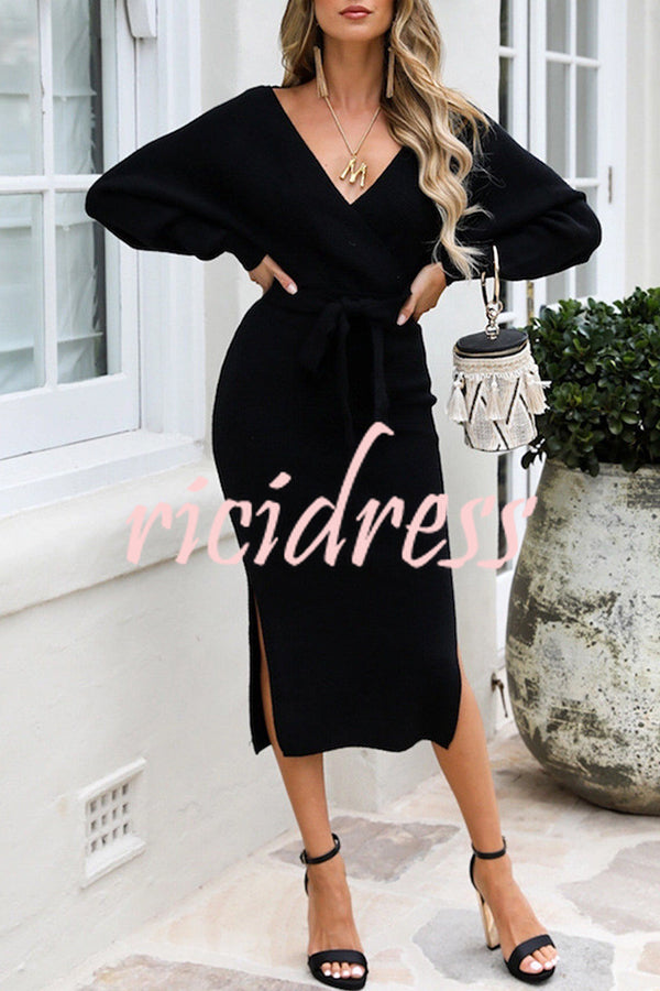 V Neck Dolman Sleeve High Waisted Lace Up Knit Midi Dress