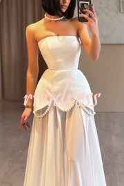 Jiya Satin Petal Hem Pearl Detail Chiffon Cape Strapless Maxi Dress