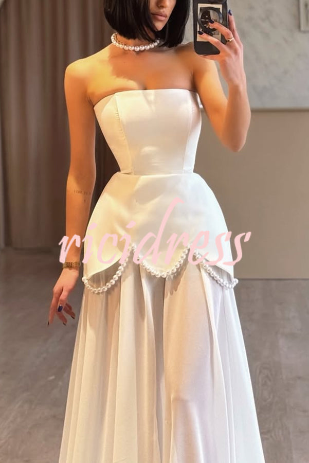 Jiya Satin Petal Hem Pearl Detail Chiffon Cape Strapless Maxi Dress