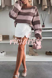 Fashion Striped Loose Long-sleeved Crew Neck Knitted Sweater