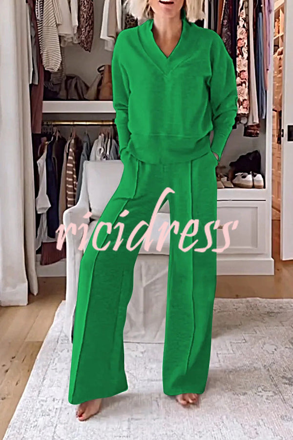 Weather Gets Cold Solid Color V-neck Top and Elastic Waist Pocketed Lounge Pants Set