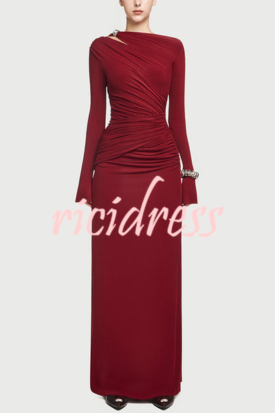 Stylish Long-sleeved Slim-fit Pleated Elegant Maxi Dress