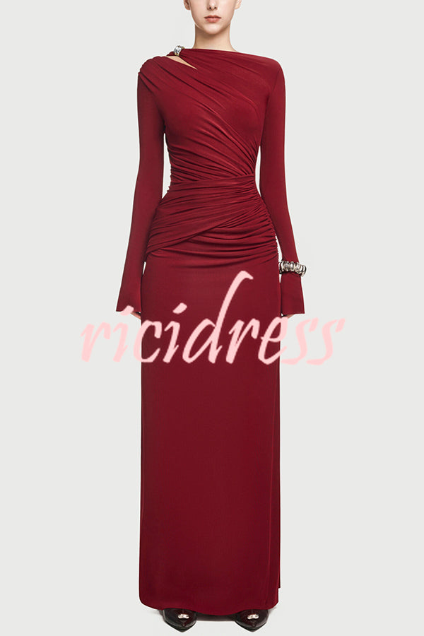 Stylish Long-sleeved Slim-fit Pleated Elegant Maxi Dress