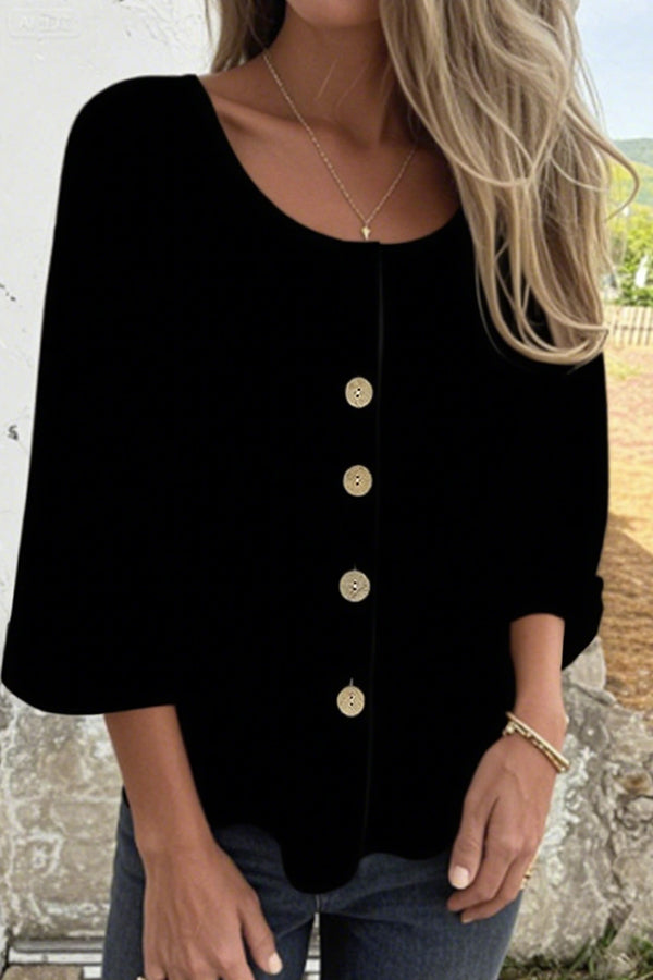 Solid Color Casual Round Neck Button Loose Top