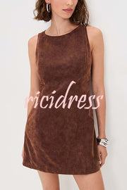 Atlas Faux Suede Open Back Button Accents Zipper Mini Dress