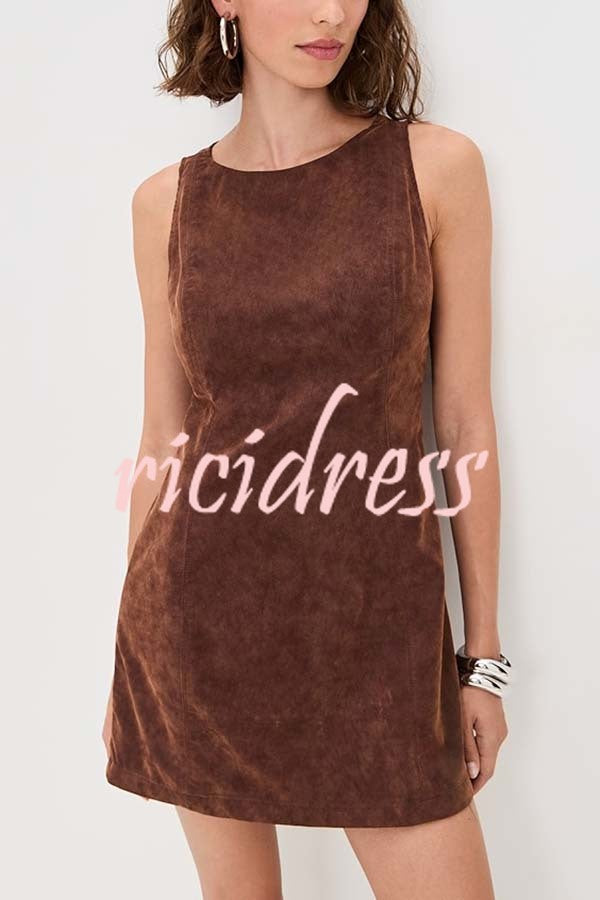 Atlas Faux Suede Open Back Button Accents Zipper Mini Dress