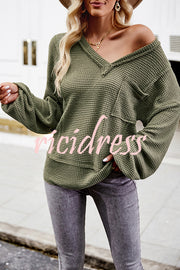 Snao V Neck Knitted Patchwork Pocket Long Sleeve Top