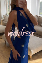 Fashion Polka Dot Print Sexy Halter Neck Backless Maxi Dress