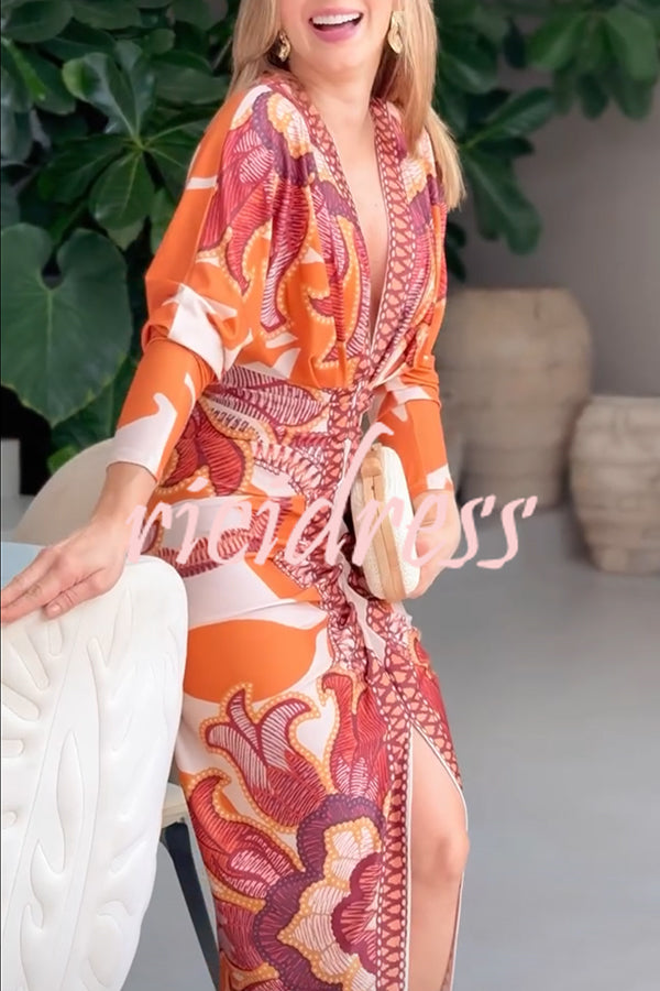 Brazilian Style Unique Print Dolman Long Sleeve Ruched Slit Midi Dress