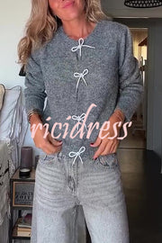 Paris Mornings Knit Front Bow Design Long Sleeve Relaxed Cardigan