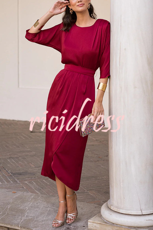 Satin Solid Color Round Neck Half Sleeve Waist Midi Dress