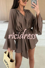 Molly Linen Blend Tiered Bell Sleeve Tie-up Cover-up Mini Dress